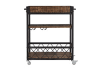 Brown wooden bar cart with wine bottle and glasses storage on wheels