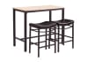 Natural and black bar table with two upholstered bar stools sold as a set