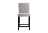 Gray upholstered solid back bar stool with brown wood legs