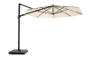 White cantilever adjustable umbrella with black metal base.