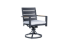 Gray slat back swivel outdoor dining chair with white cushion.