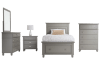 Gray 5 piece bedroom set with panel bed, dresser, mirror, chest, and nightstand.