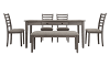 Gray dining table, 4 chairs, and a dining bench that are budget friendly.