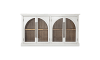 White 4 door cabinet with glass doors and shelves for storage.