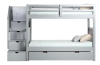 Gray twin size bunk bed with trundle bed and storage.
