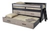 Twin black and gray loft bed with twin trundle and storage.