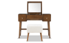 Brown 2 drawer make-up vanity and mirror with upholstered stool perfect for small bedrooms.