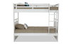 White bunk bed with tan bedding.