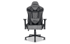 Gray upholstered height adjustable gaming office chair with wheels.