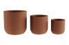 3 brown cylindrical outdoor planters in varied sizes.