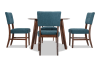 5 piece round dining room set with blue upholstered dining chairs