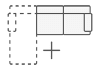 Top-down schematic of a modular sectional sofa with a solid right-facing seat and a dashed outline indicating an optional left-facing chaise extension.
