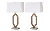 Modern table lamp with a rectangular white fabric shade, geometric wooden open-frame base, and brushed metal rectangular stand.