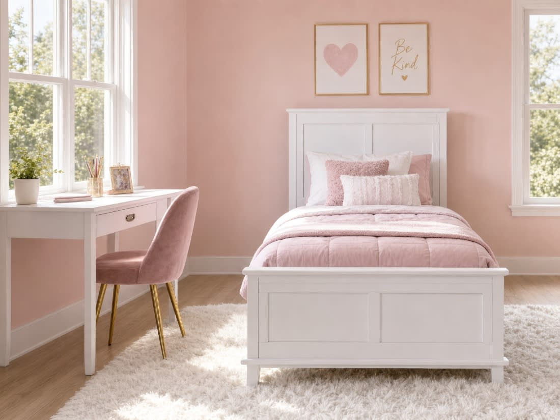 Small bedroom with bed desk and chair