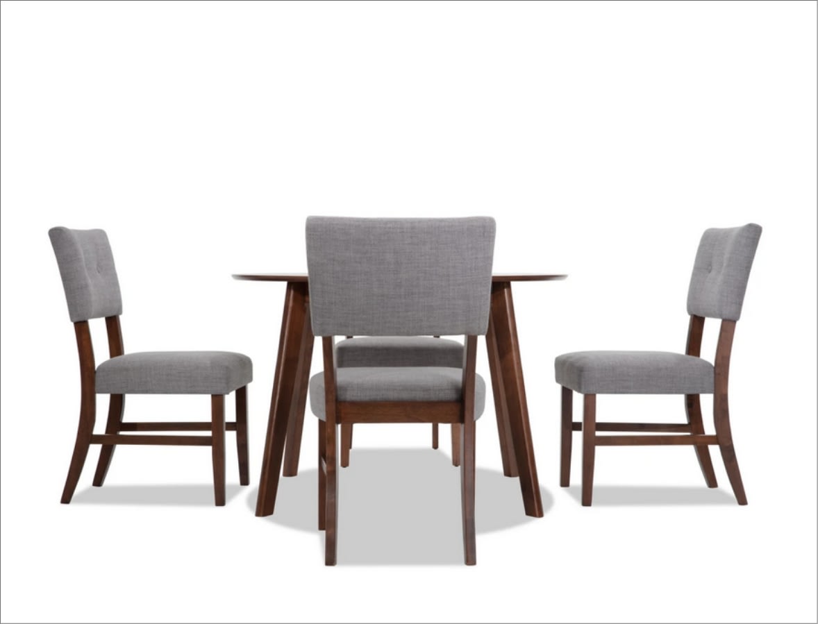 5 piece dining set with brown round table and 4 gray upholstered panel back chairs.