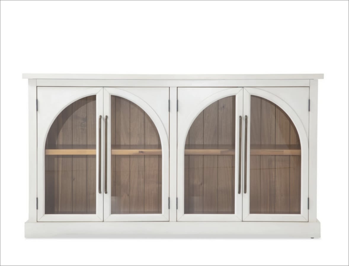 White 4 door arched cabinet with brown interior.