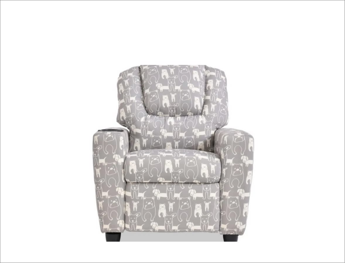 Kid sized gray manual recliner with playful dog pattern.