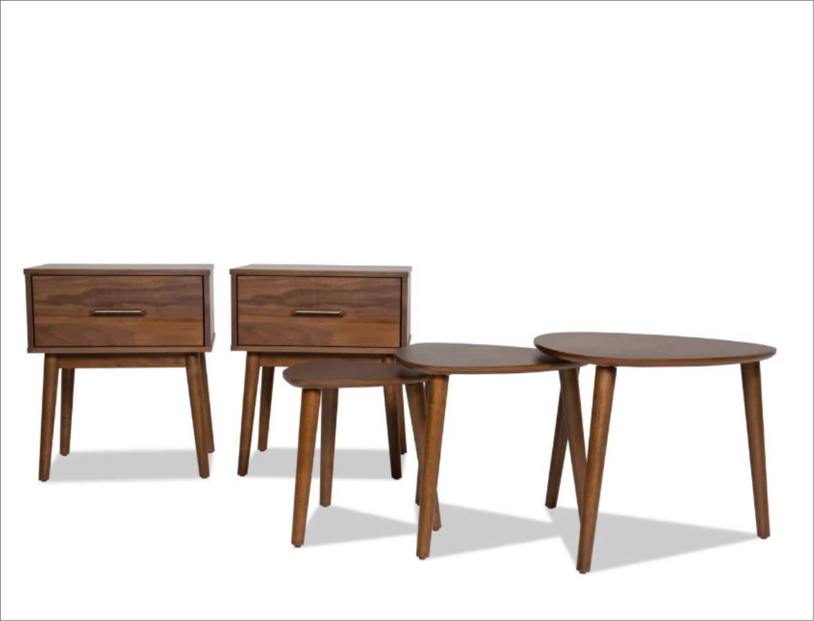 Brown 5 piece coffee table set with 3 triangular nesting tables, and 2 rectangular end tables with a drawer.