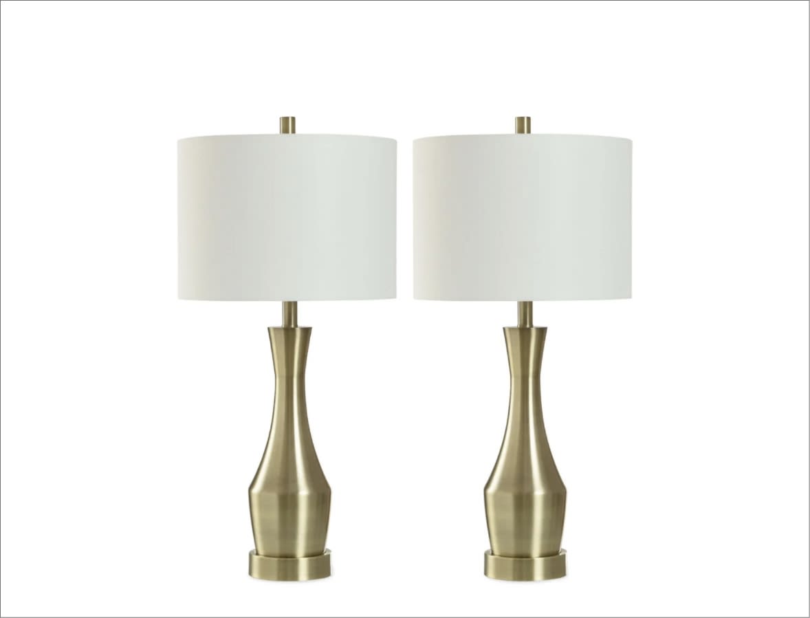 Set of 2 brass table lamps with round fabric shade