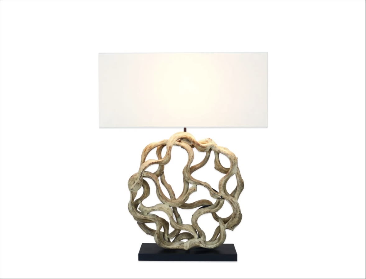 Natural wood table abstract table lamp with round fabric shade
