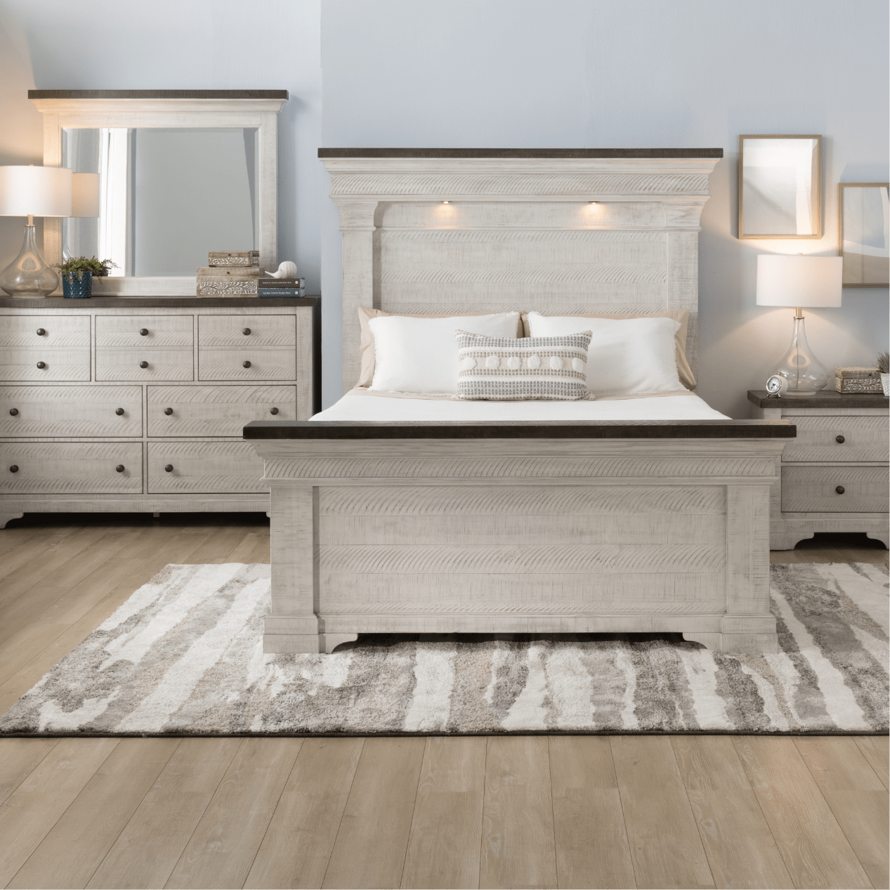 4 Piece Queen White & Gray Platform Storage Bedroom Set