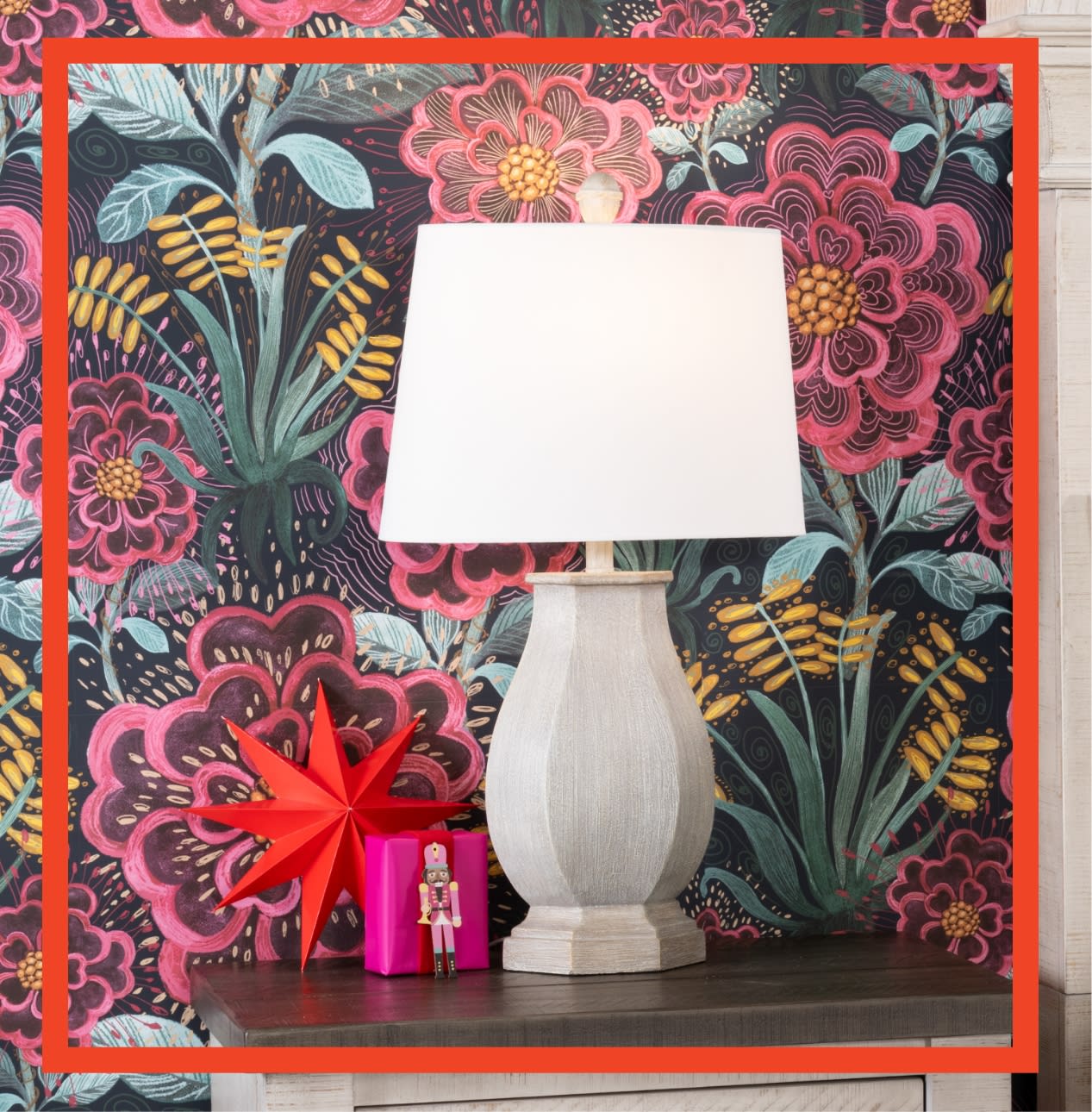 White wooden lamp with fabric shade.