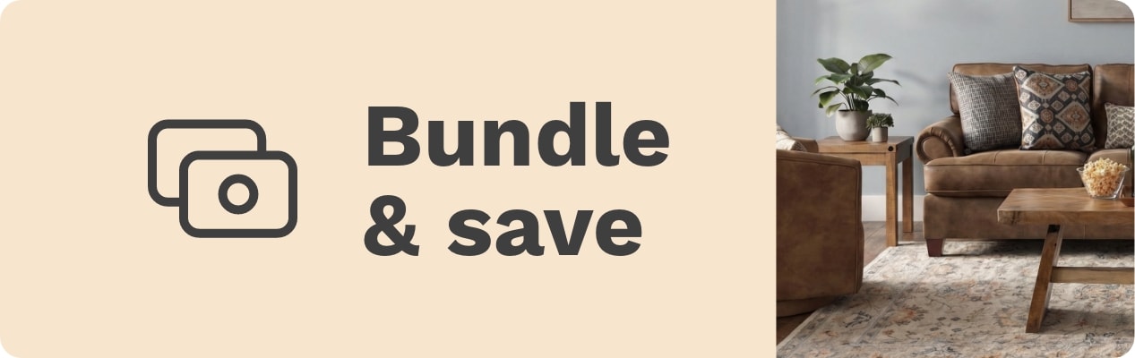 Banner featuring 'Bundle & save' text and a living room scene with a brown couch, a wooden coffee table, and a leafy plant, conveying a cozy atmosphere