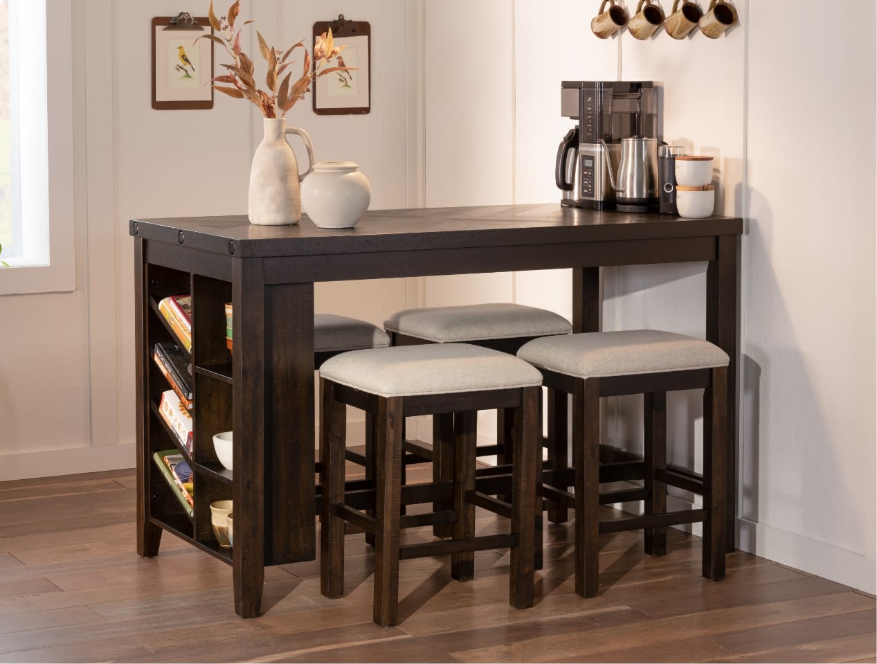 Light brown kitchen island table with 2 upholstered stools