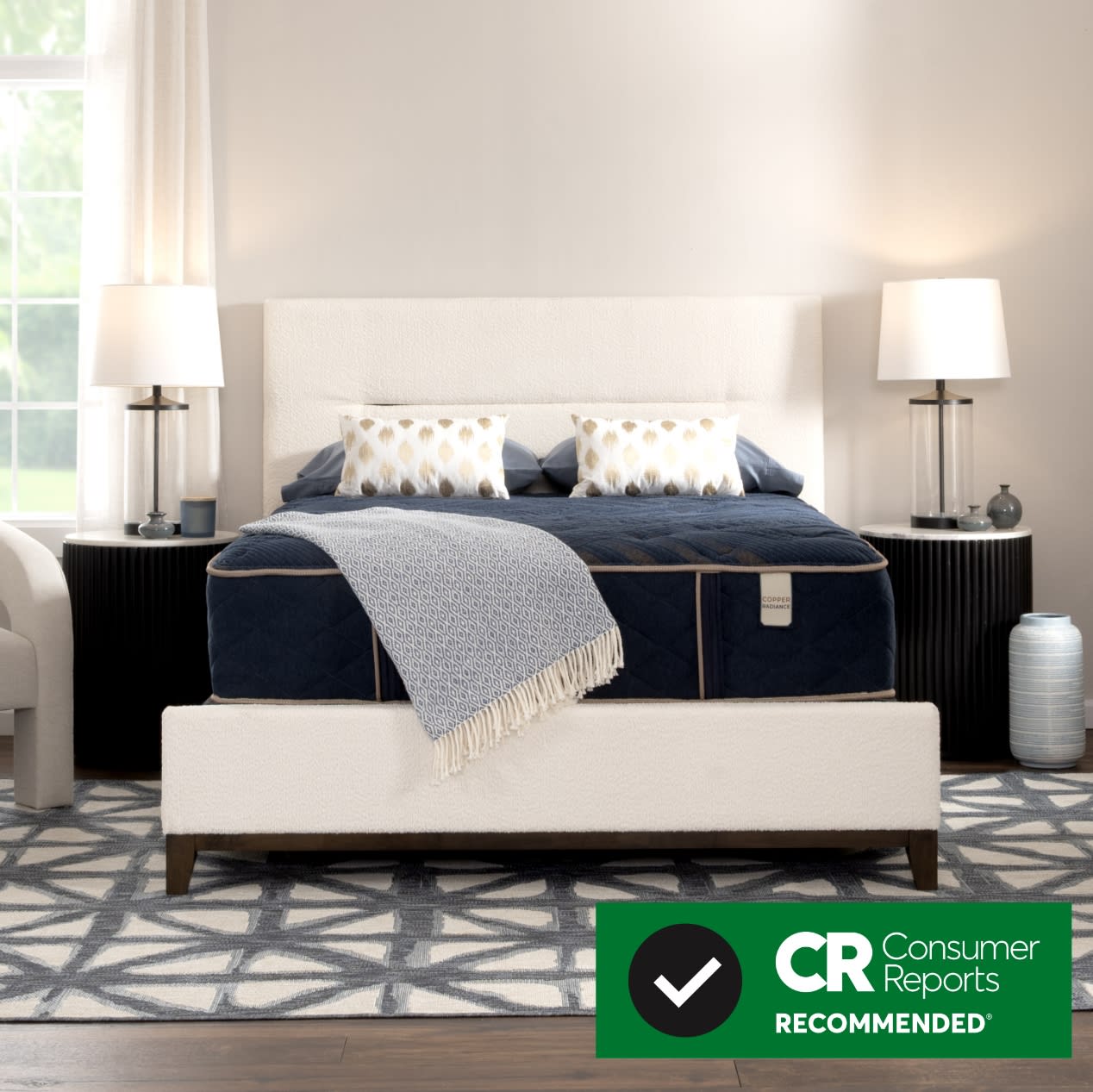 Copper radiance mattress in bedroom with the consumer reports recommended badge