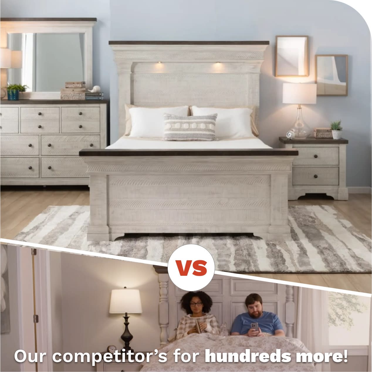 White and brown 4 piece bedroom set with bed, dresser, mirror, and nightstand on the top of the image with a verses splitting the image in half. The bottom of the image shows a competitors bedroom set that is hundreds of dollars more but looks similar.
