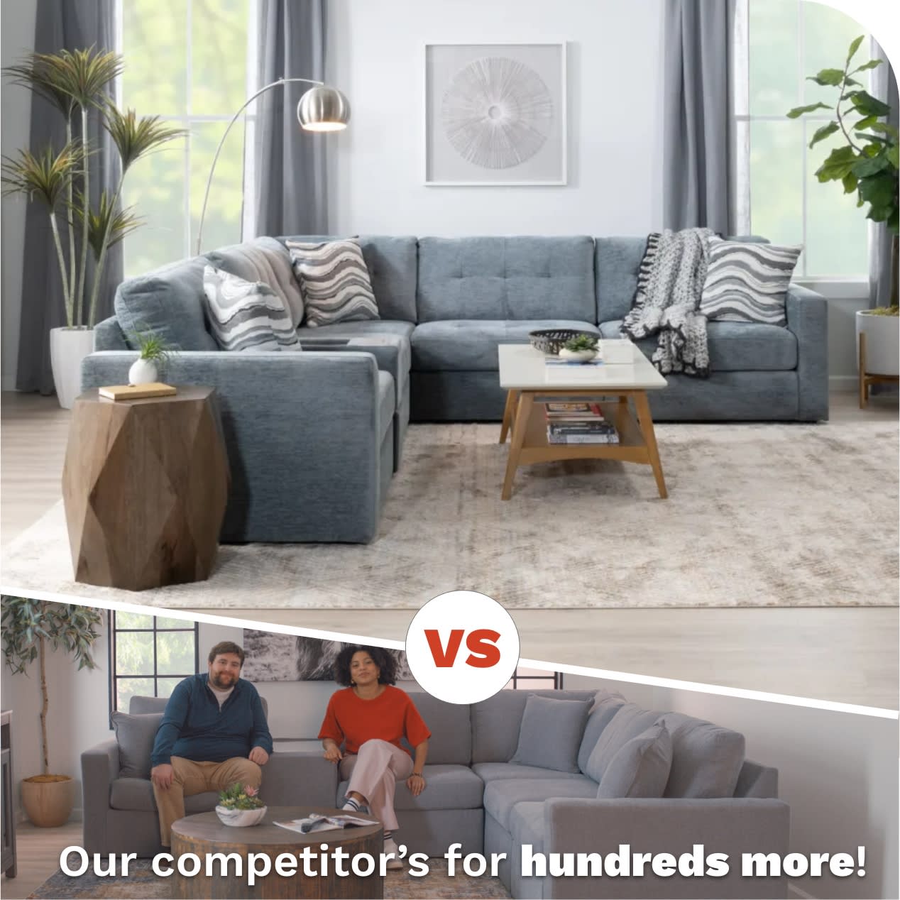 Top of image is a light blue L-shaped modular sectional with a split screen verses a competitor modular sectional on the bottom of the image, which looks similar but is priced hundreds of dollars more.