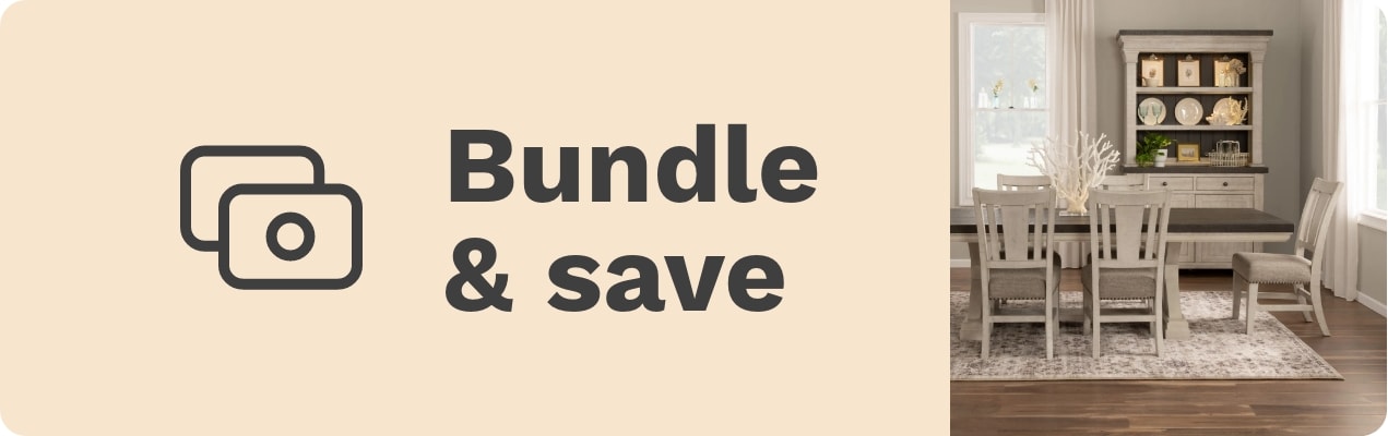 Text 'Bundle & save' on beige background with stylized money icon. Adjacent is a cozy dining room with a wooden table, chairs, and a cabinet.