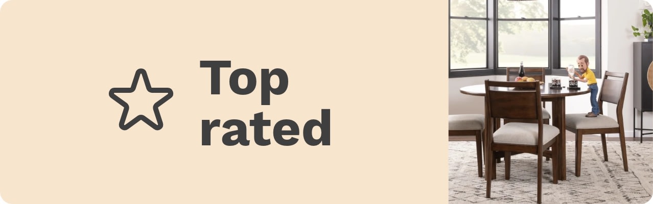 Top rated written next to a simple star icon on a beige background. On the right, a modern dining room features a wooden table, four chairs, and large windows, with soft natural light streaming in.
