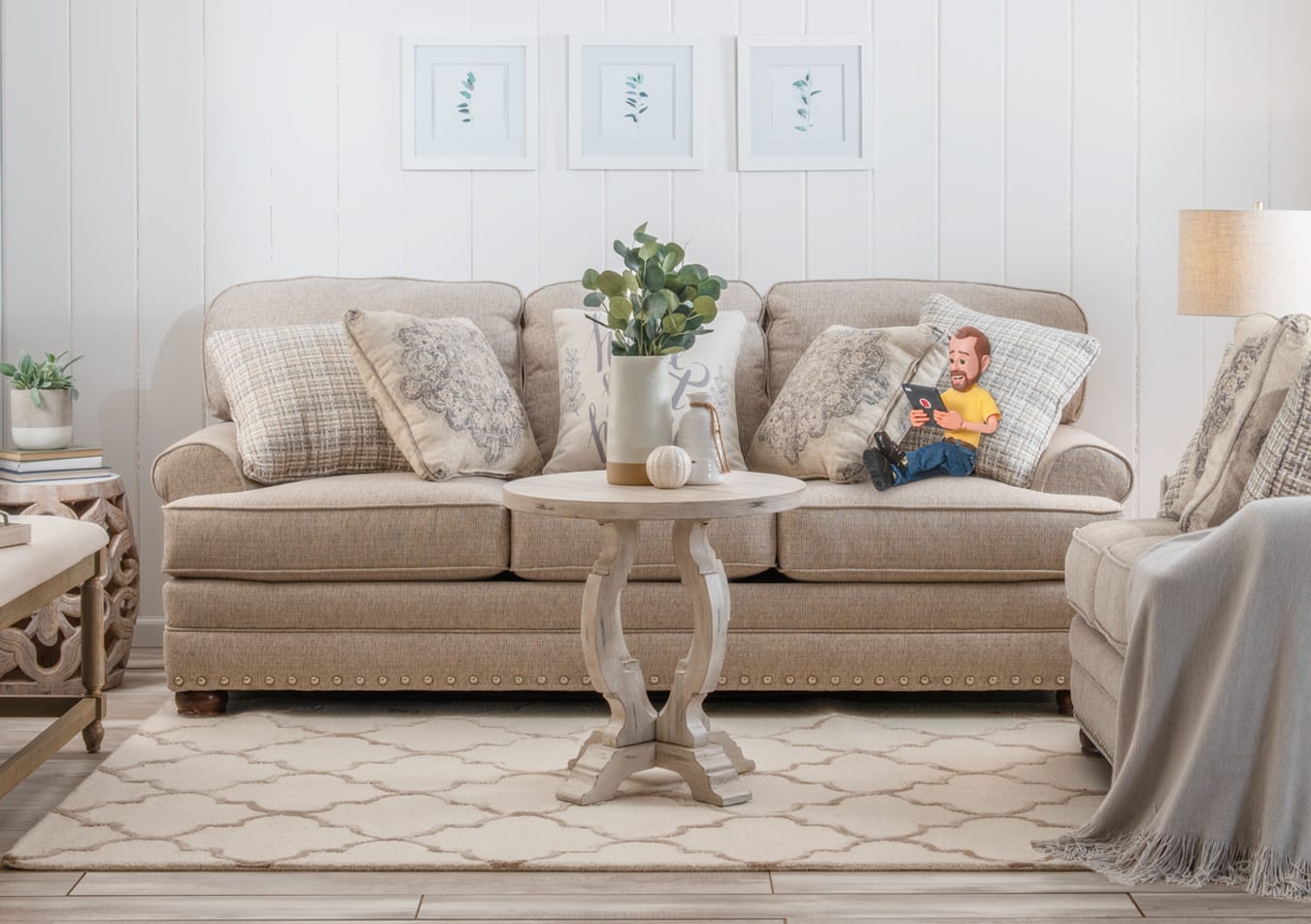 Beige sofa with 5 accent pillows