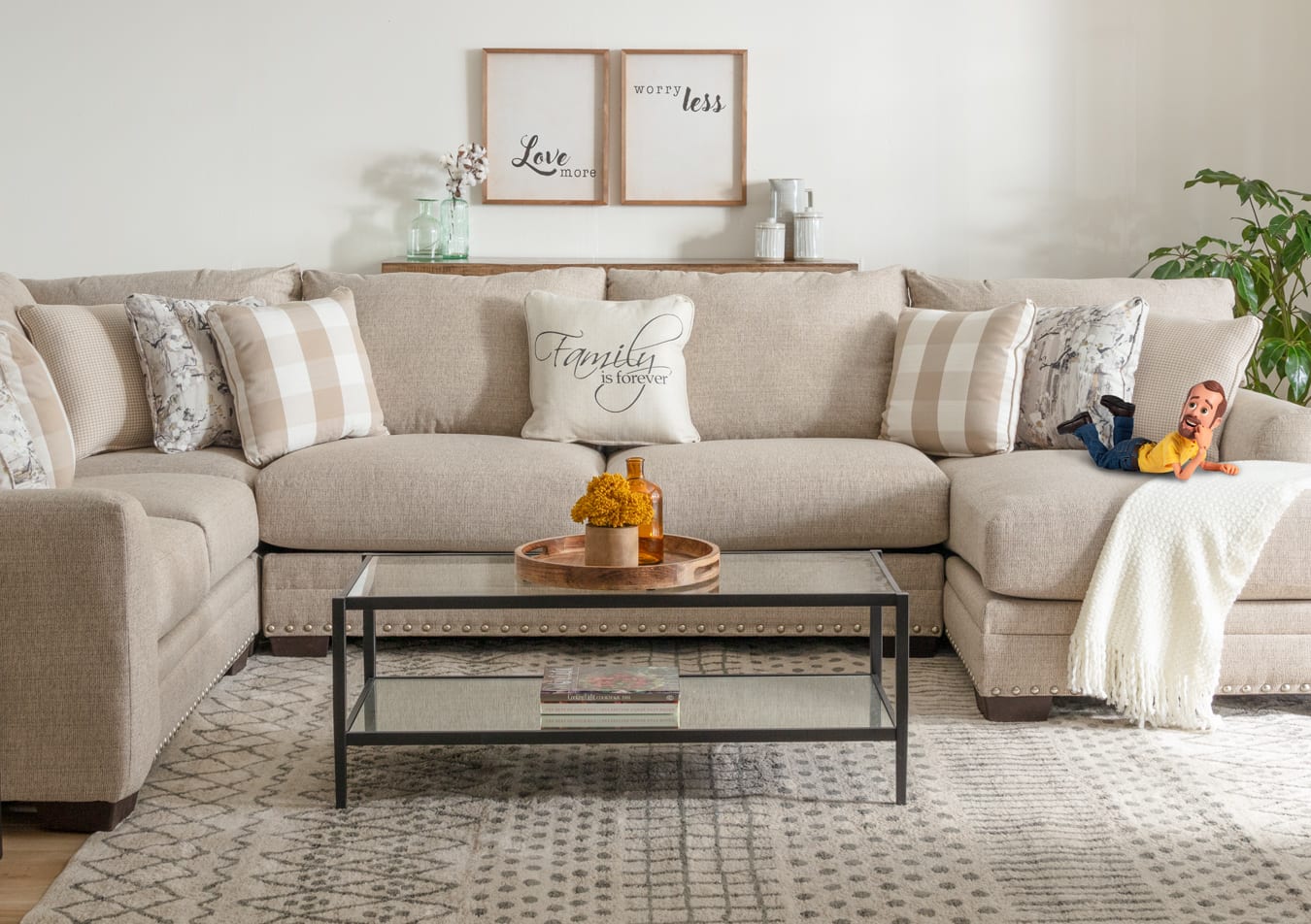 Beige 4 piece sectional with accent pillows