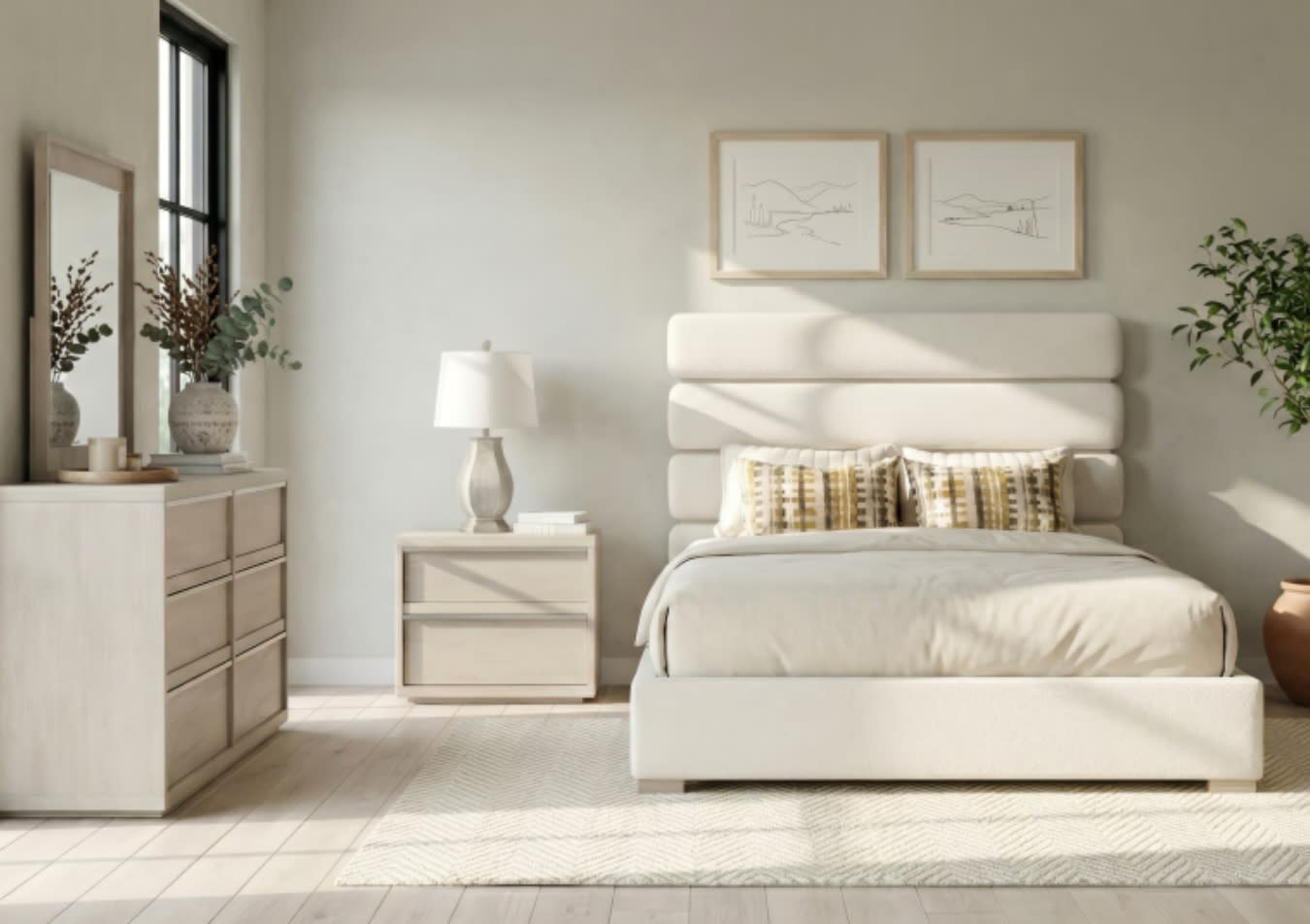 Minimalist bedroom with a beige upholstered bed featuring a padded headboard, light wood nightstand with lamp, dresser with mirror, and neutral decor.