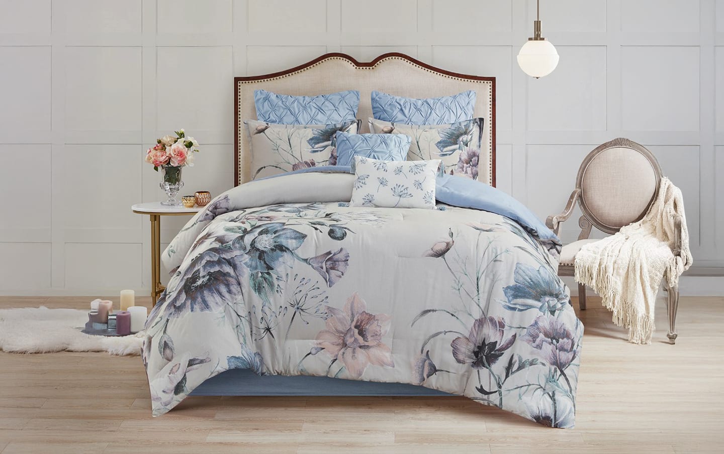 バレエ typeW grateful/checked flower smoke blue Emily Queen Light Blue Floral 8 Piece Comforter Set | Bob's