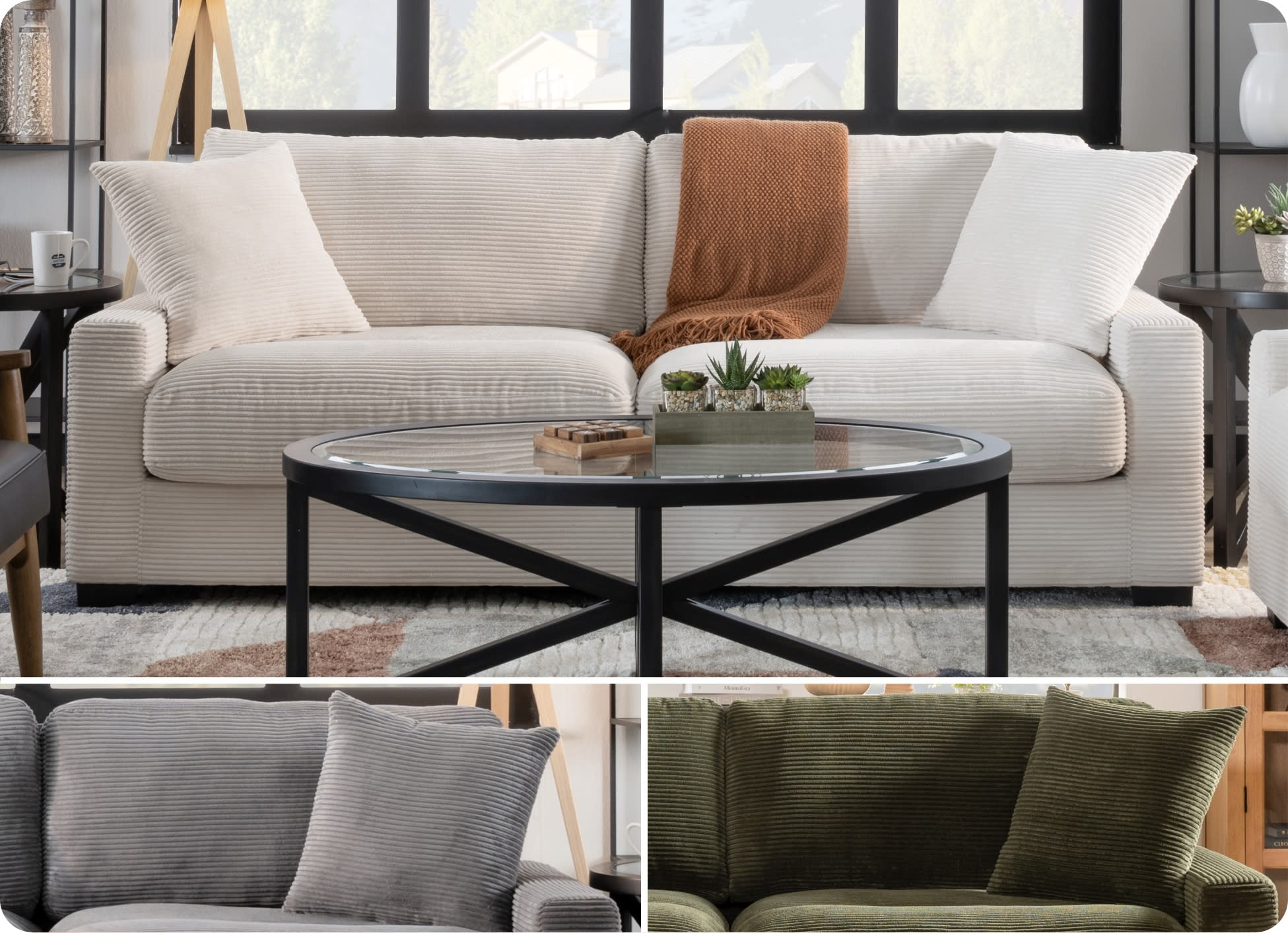 Modern corduroy fabric sofas in beige, gray, and olive green with plush cushions and a round glass coffee table, ideal for living room decor.