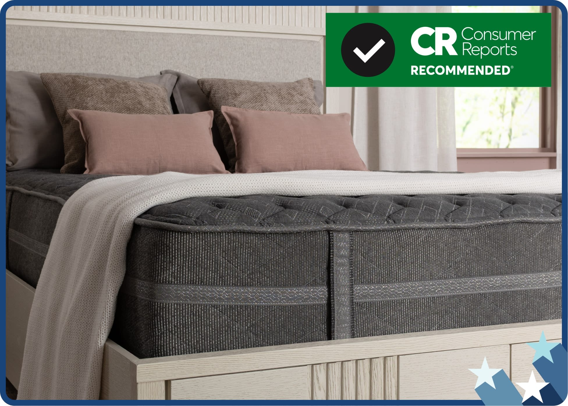 Gray mattress with consumer reports recommended badge.
