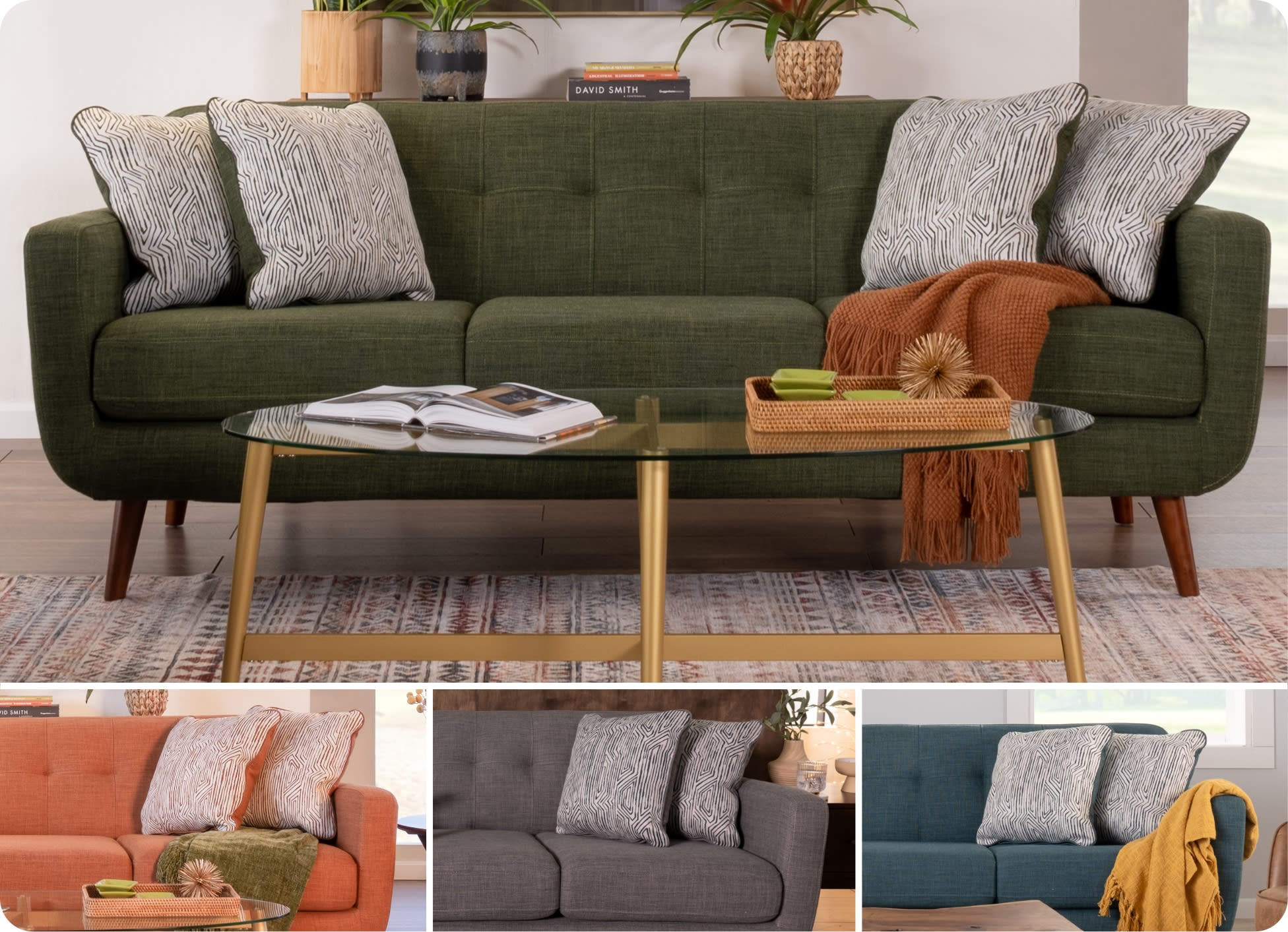 Modern living room sofas in various colors and fabrics: olive green, burnt orange, gray, and teal, each styled with patterned cushions and cozy throws, showcasing contemporary upholstery and mid-century design elements.