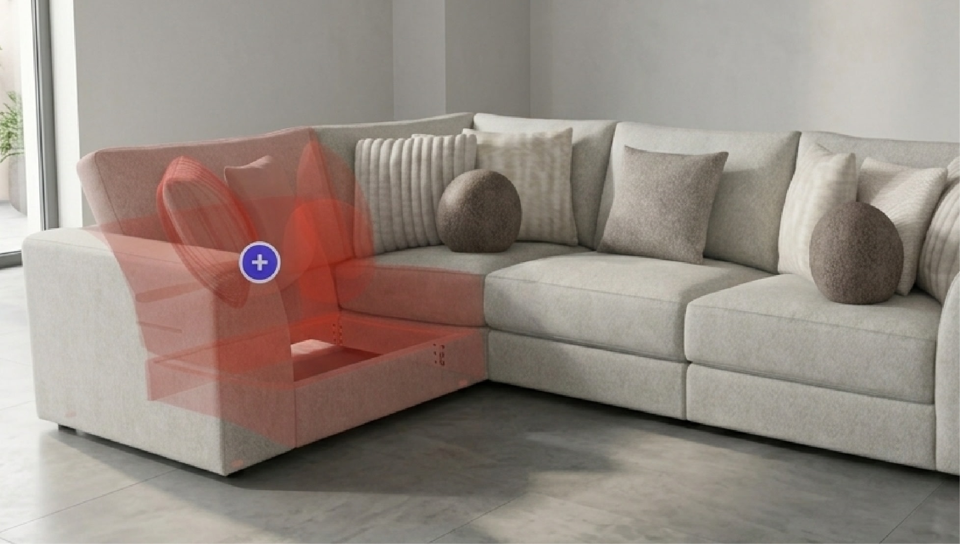 Beige sectional sofa with tufted cushions and a chaise lounge, set in a modern living room with teal walls and a fireplace, highlighting modular seating options.