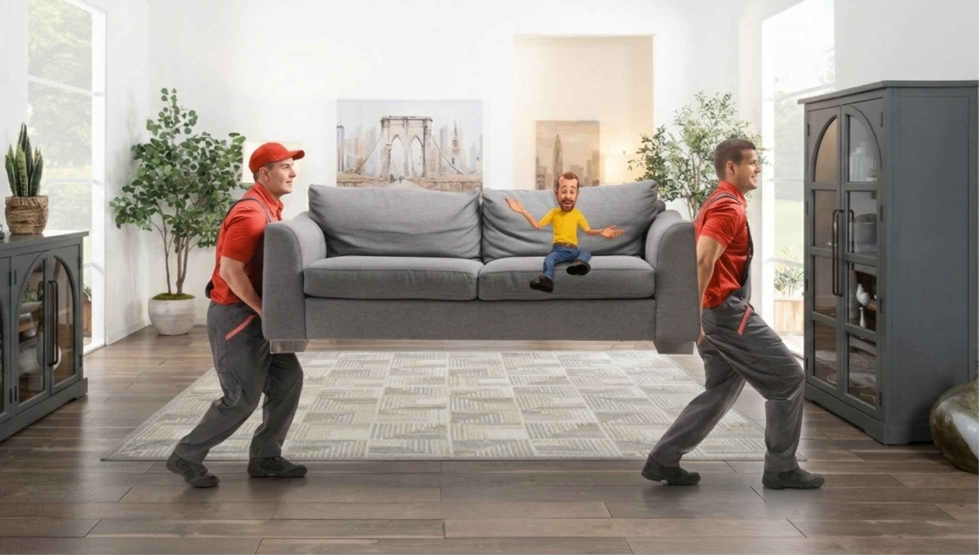 Two movers in red shirts and gray pants carrying a modern gray fabric sofa with a child in a yellow shirt and blue jeans sitting on it in a bright living room with wooden floors and gray cabinets.