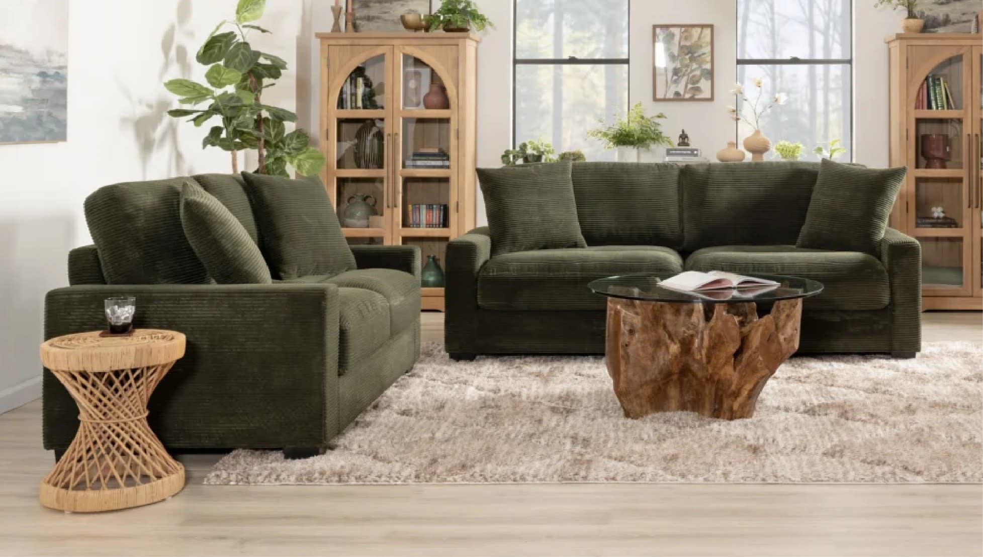 A cozy living room with two green velvet sofas, a wooden side table, and a rustic coffee table. Two bookshelves and plants add warmth and elegance.
