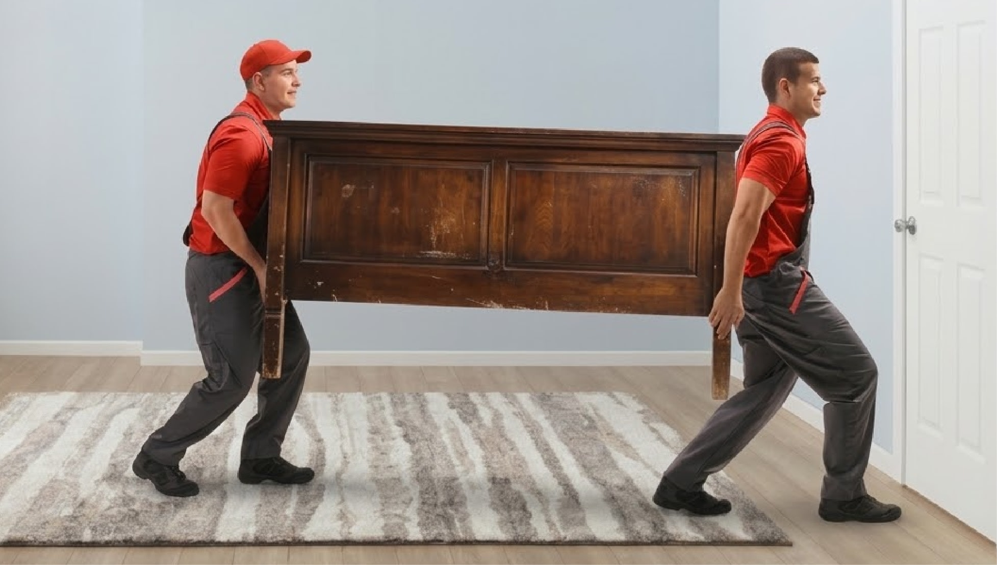 Two movers in red uniforms carefully carry a large wooden cabinet across a room with light gray walls and a textured rug on the floor.
