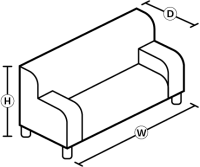 Illustration of a sofa with labeled dimensions indicating depth, width, and height measurements for accurate sizing.