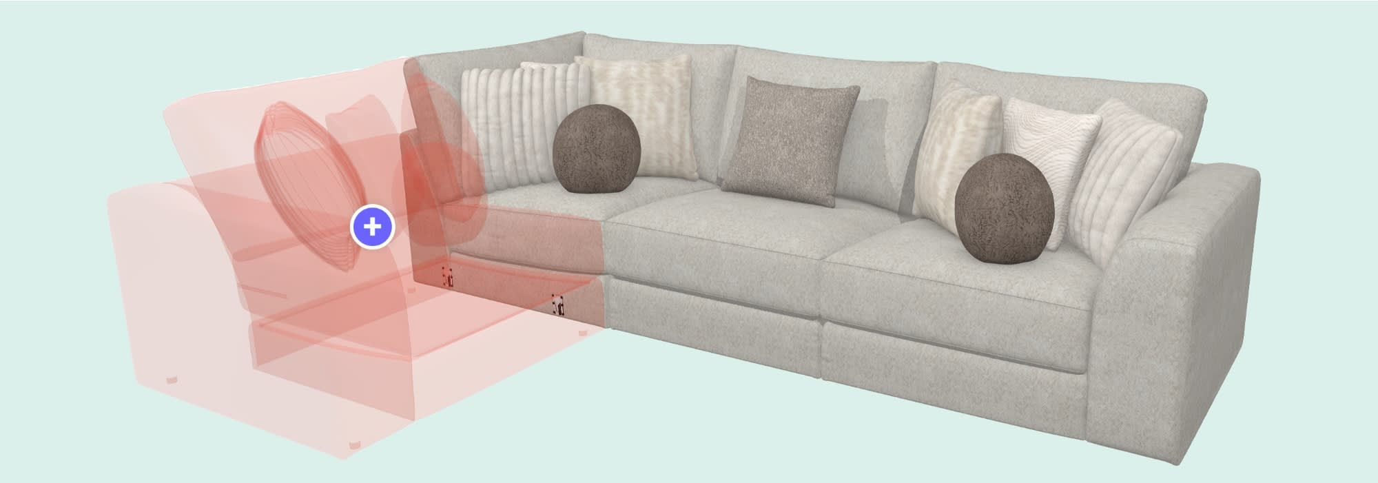 Light blue sectional sofa with multiple textured cushions in neutral tones. Red translucent overlay highlights a section for potential adjustment.