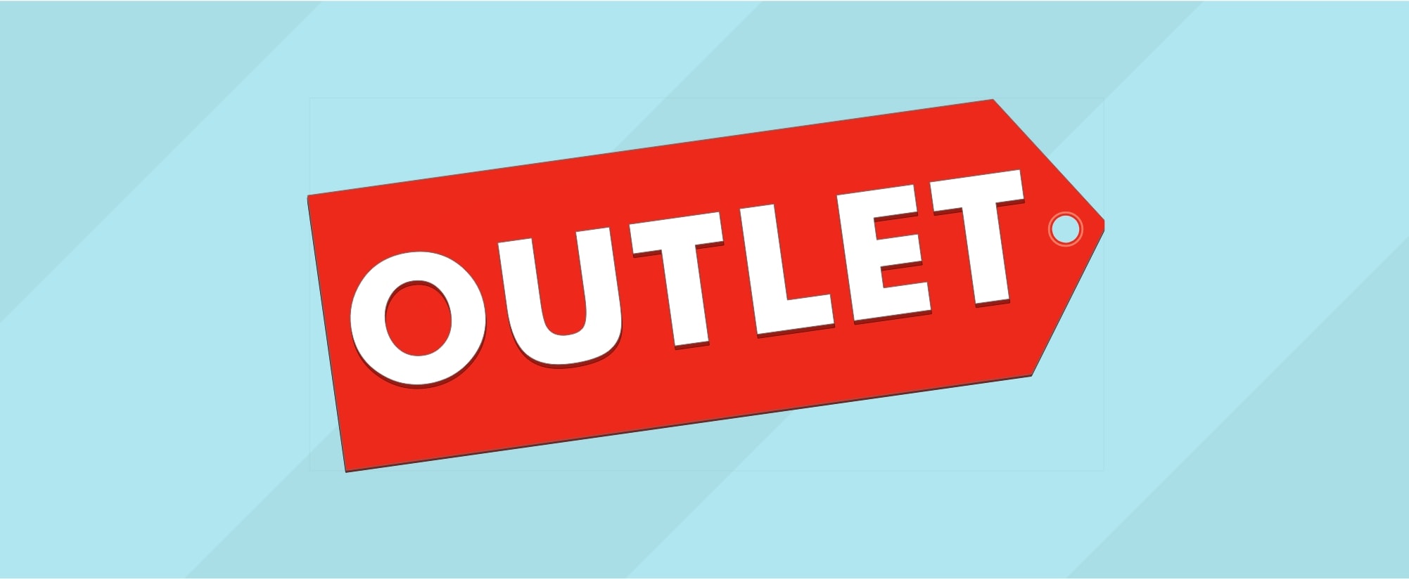 A red price tag with the word OUTLET in bold white letters on a light blue striped background.