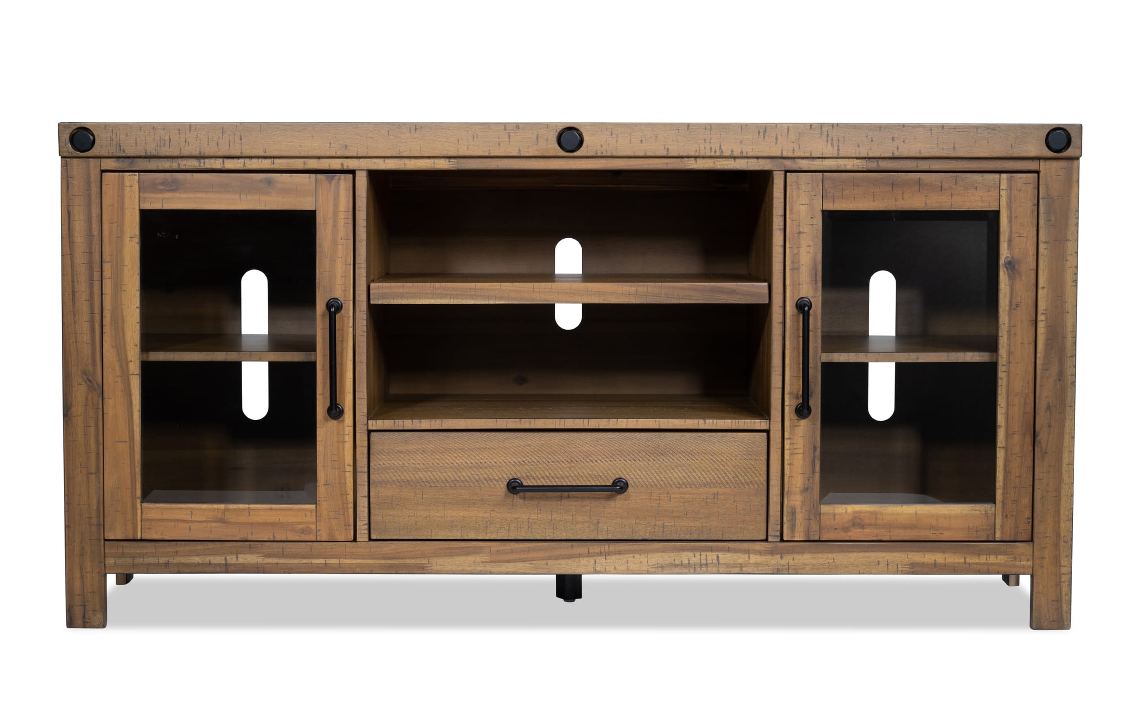 Sonoma 60'' natural rustic TV stand with acacia veneer, MDF, glass doors, black hardware, open shelves, cord management, and center drawer for storage.