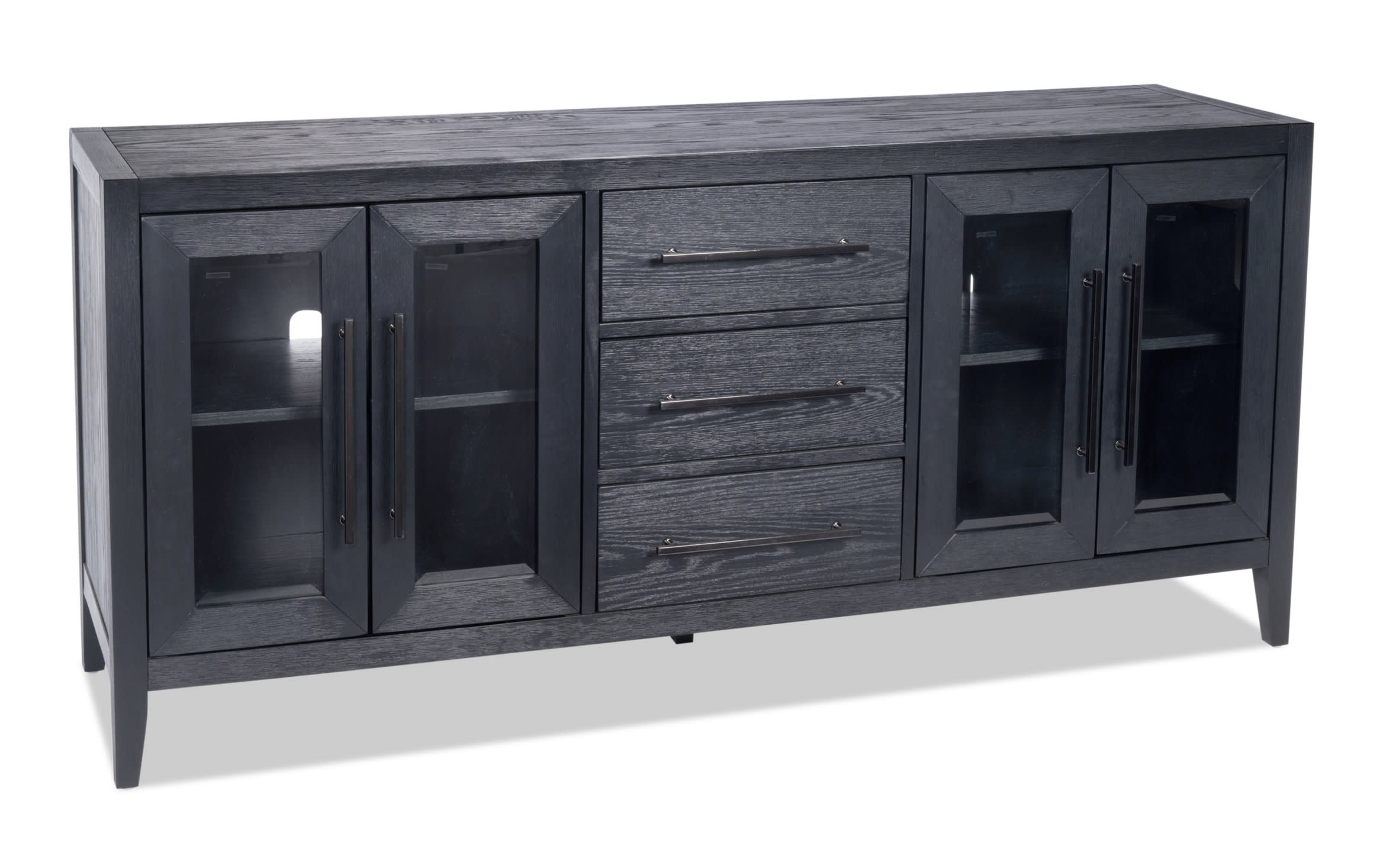 Villa 70'' black transitional TV stand with MDF and glass construction, featuring four glass-front cabinets, three drawers, and cord management.