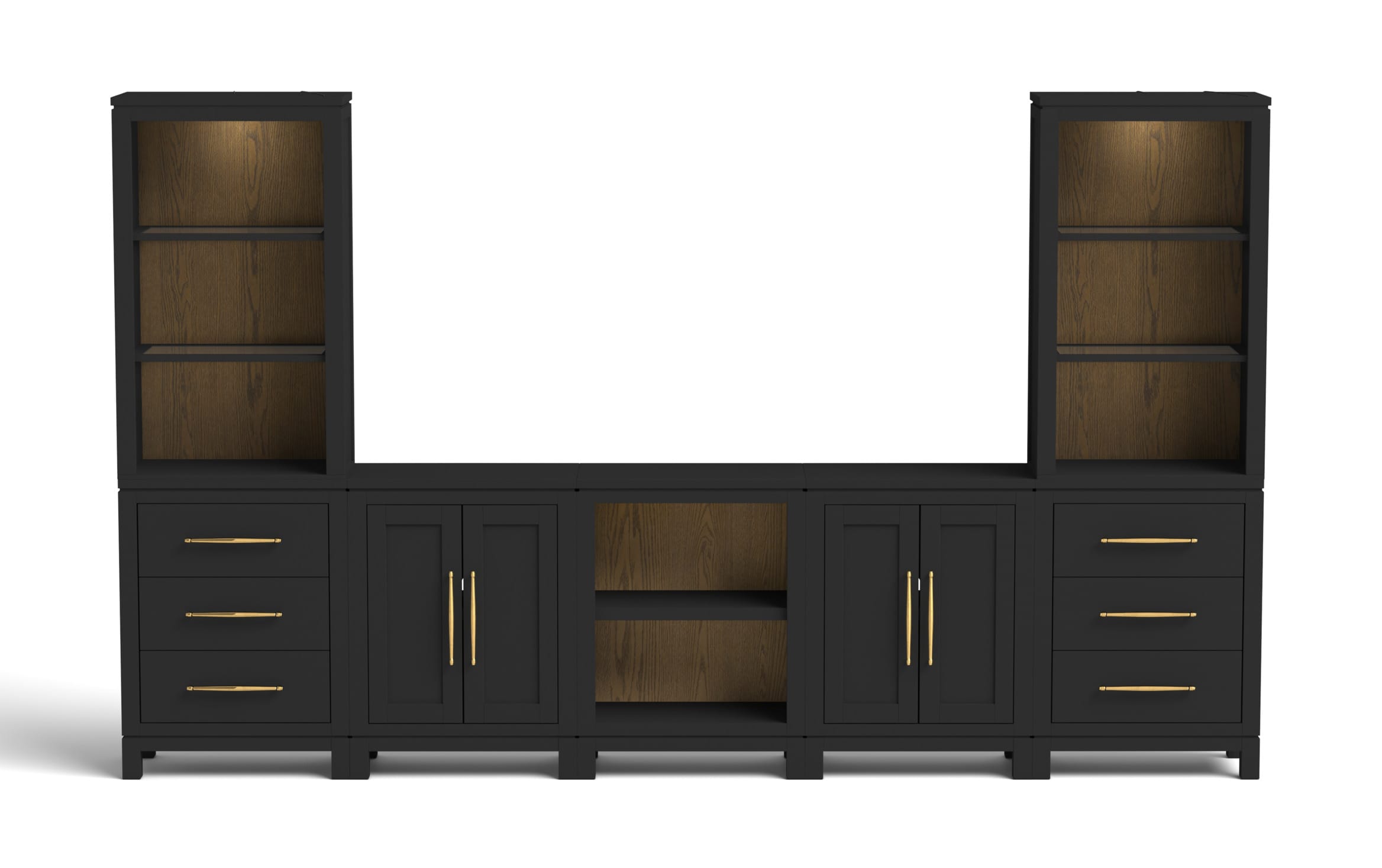 Black wooden entertainment center with matte finish, featuring two tall open shelving units with warm wood back panels, three drawers with gold handles on each side, two double-door cabinets with gold vertical handles, and a central open shelf area, designed for living room storage and media organization.